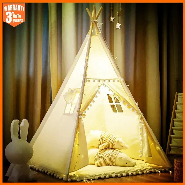 Kids play teepee tent in white with wood pole frame and cushioned interior floor