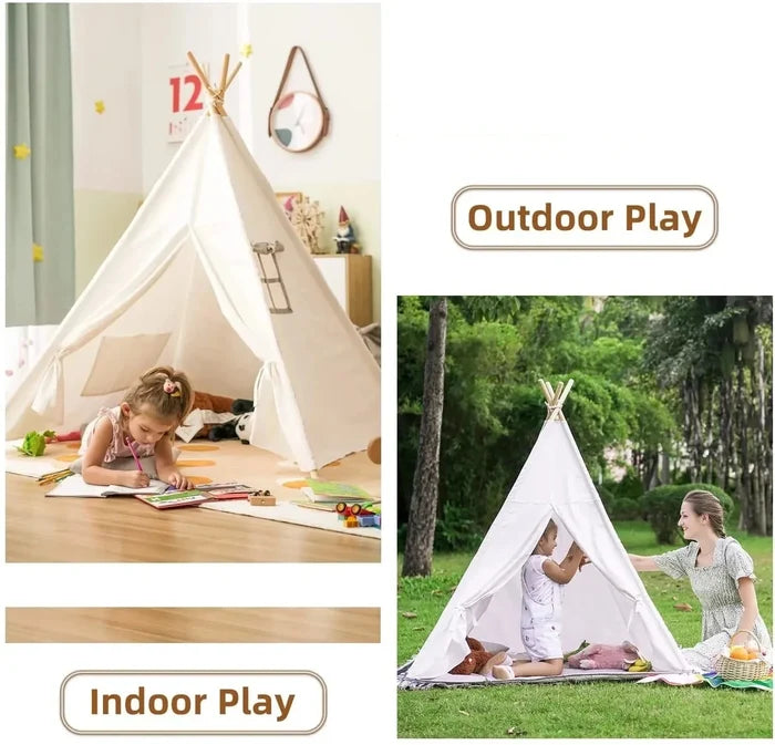 White kids teepee play tent with open entrance and hanging hoop decoration