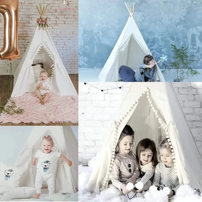 White kids teepee play tent with small string lights and children playing inside