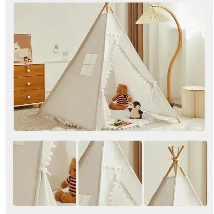 White kids teepee play tent with beaded edge curtain panels and interior mat