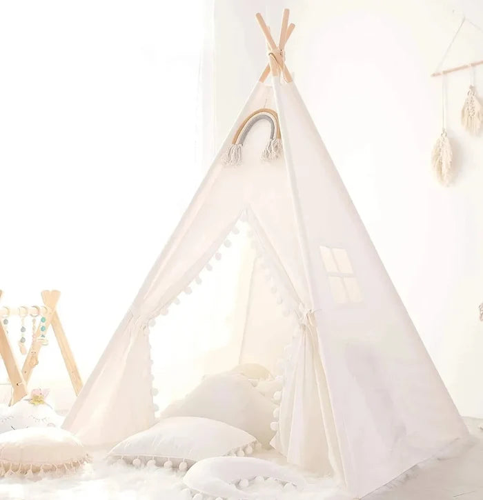 White kids teepee play tent with wooden top poles and hanging fabric curtains