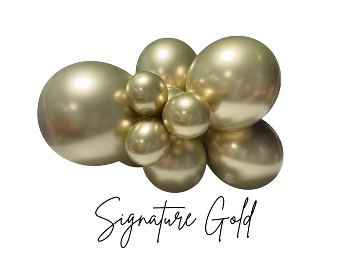 Gold balloon cluster with five shiny latex balloons