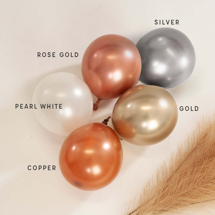 Metallic pearl latex balloon color swatches in rose gold, silver, gold, copper, and pearl white