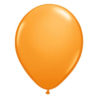 Orange latex balloon, glossy teardrop shape with small tied valve at the bottom