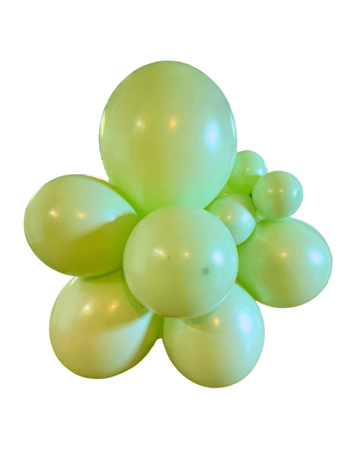 Pastel green latex balloon cluster with shiny balloons arranged in a flower shape