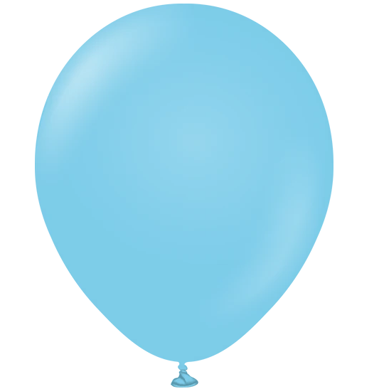 Sky blue latex balloon with small knot and valve, single balloon