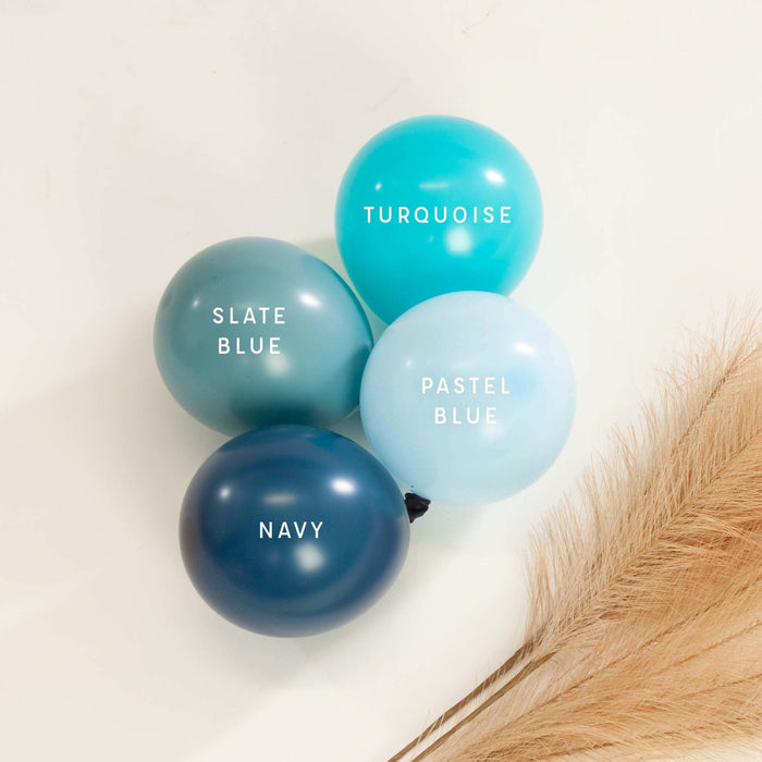 Latex balloon color swatches: slate blue, turquoise, pastel blue, navy