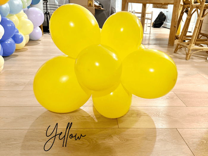 Yellow latex balloon cluster with five glossy balloons on display