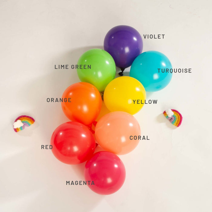 Latex balloon cluster with yellow, orange, red, green, violet, and turquoise balloons