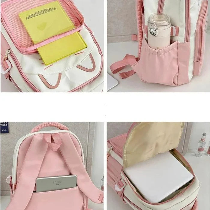 Pink ita-style school backpack with open interior, side pocket, and adjustable straps