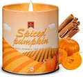 Pumpkin spice scented candle in glass jar with cotton wick, cinnamon pumpkin label