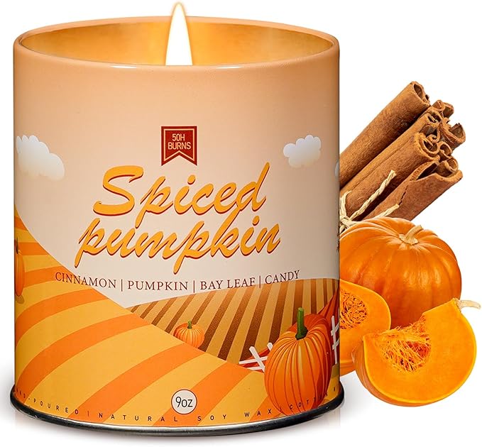 Pumpkin spice scented candle in glass jar with cotton wick, cinnamon pumpkin label