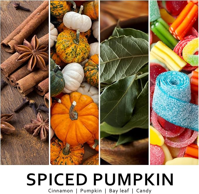 Spiced pumpkin candle label with cinnamon, pumpkin, bay leaf, and candy ingredient imagery