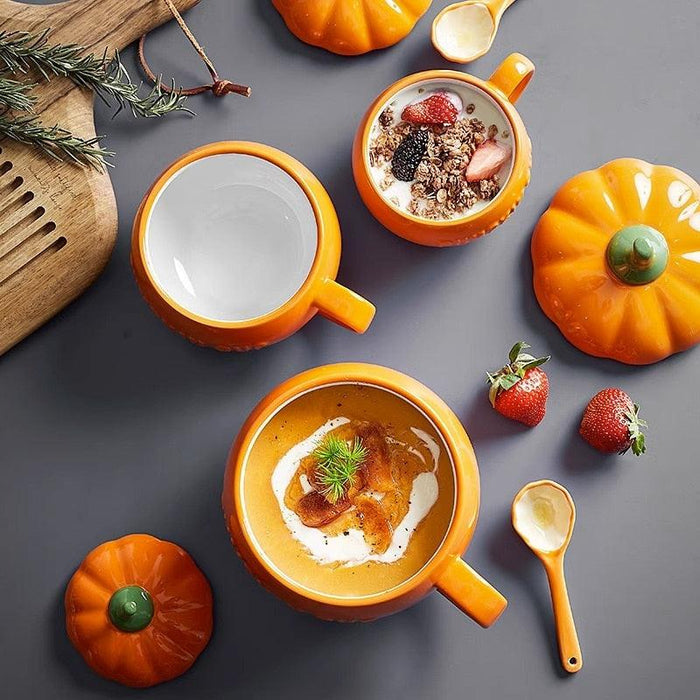 Pumpkin-shaped ceramic mugs with lids and handles, orange glaze, embossed lettering