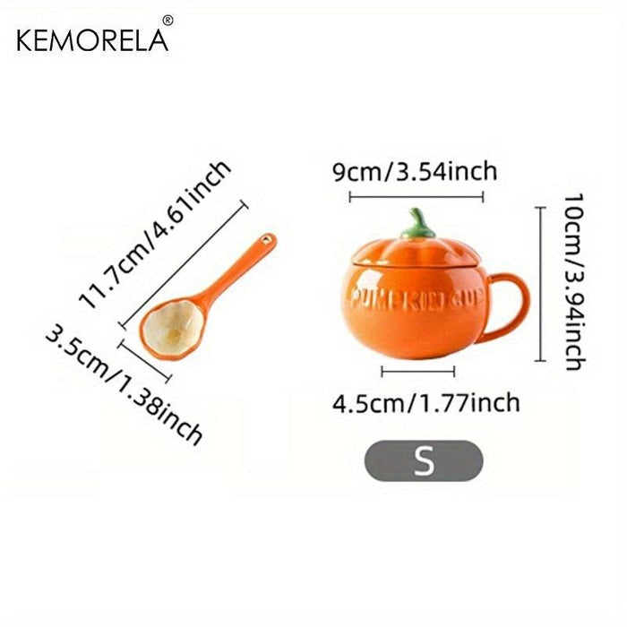 Pumpkin-shaped ceramic mug dimensions (S), orange glaze, green stem, includes spoon