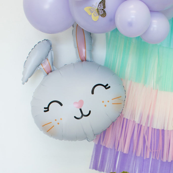 Gray rabbit face foil balloon with ears, with pastel balloon cluster