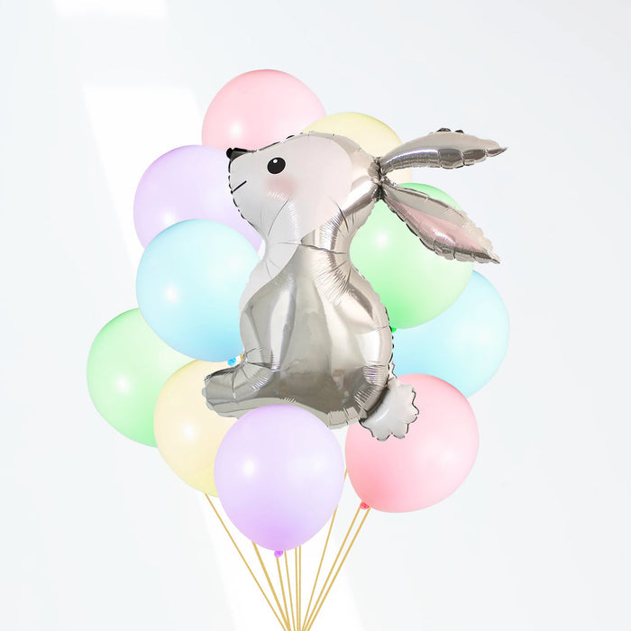 Pastel rabbit foil balloon with pink, lavender, green, and blue latex balloons, gold strings