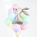 Pastel rabbit foil balloon with pink, lavender, green, and blue latex balloons, gold strings