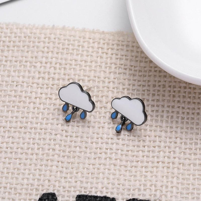 Cloud rain drop stud earrings, white enamel with blue danglers