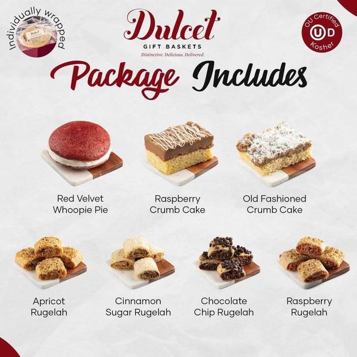Dessert gift basket layout with small pastries and labeled varieties