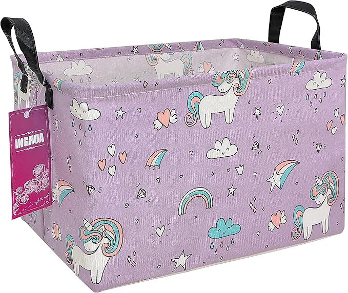 Purple fabric storage basket with unicorn print, rectangular bin and carrying handles.