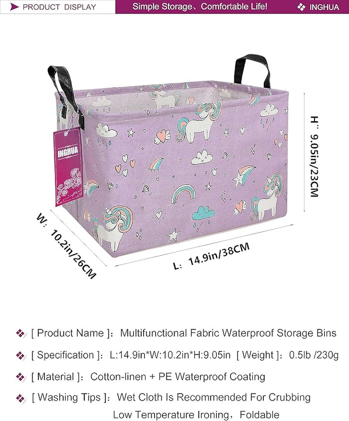 Purple rectangular storage bin with unicorn pattern and two black loop handles.