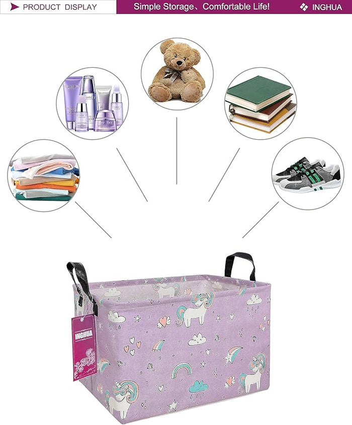 Purple unicorn-print fabric organizer bin with two black handles, wide open top.