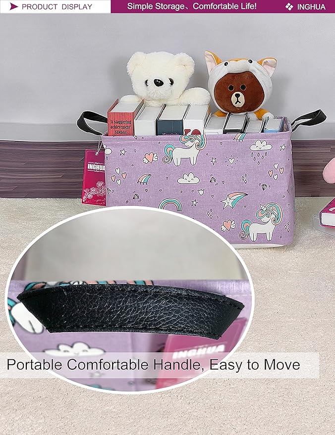Purple unicorn-print fabric storage bin with two black handles and open top.
