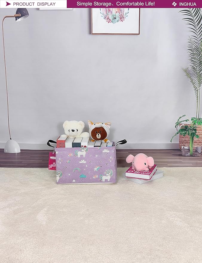 Purple unicorn-print fabric storage bin with two black handles for small items.