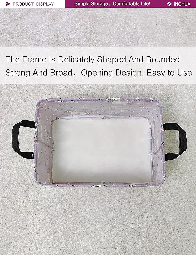 Rectangular storage basket with reinforced top opening and purple unicorn fabric.