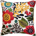 Floral bird pillow cover in red, yellow, teal, and green on white fabric.