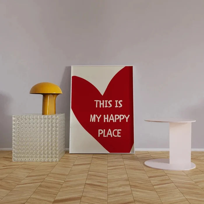 Framed wall art canvas featuring a red heart shape and white words: THIS IS MY HAPPY PLACE