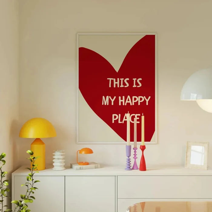 Framed wall art canvas with red heart graphic and white text: THIS IS MY HAPPY PLACE