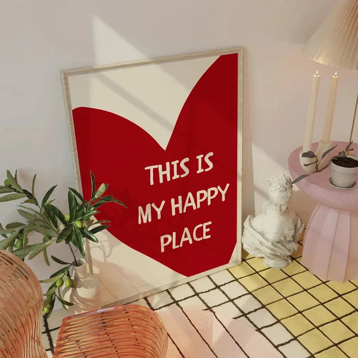 Framed wall art print with red heart design and white lettering: THIS IS MY HAPPY PLACE