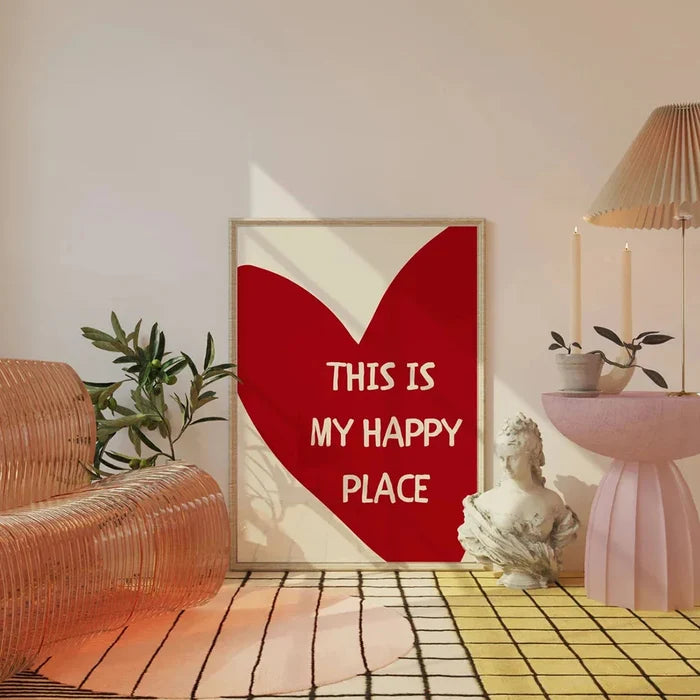 Framed wall art canvas showing a red heart and white text: THIS IS MY HAPPY PLACE