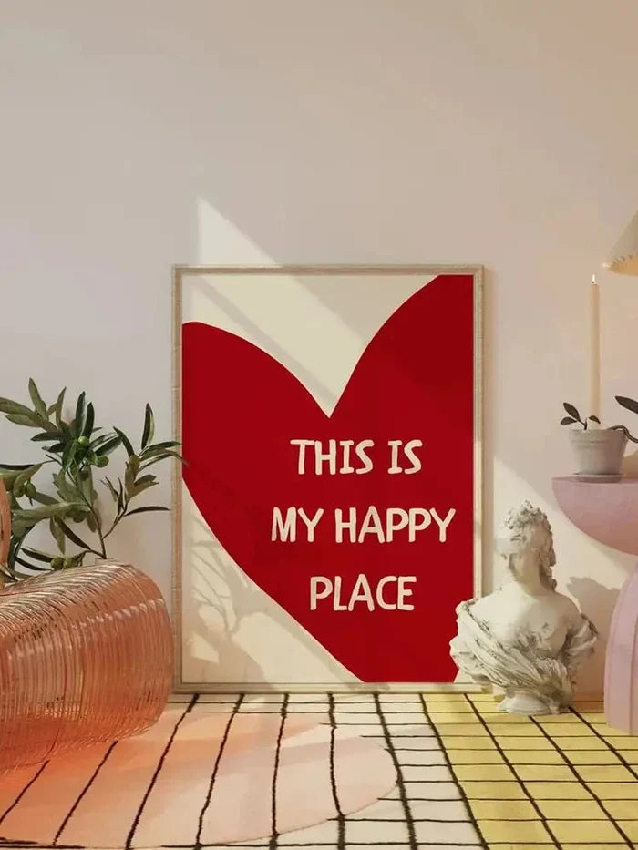 Framed wall art canvas with red heart graphic and white words: THIS IS MY HAPPY PLACE