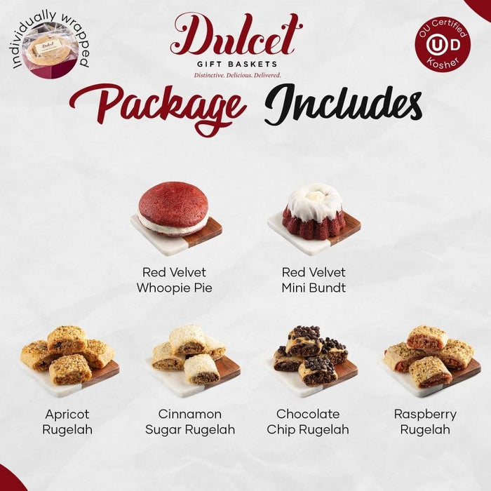 Assorted red velvet mini desserts shown as package includes on small serving trays