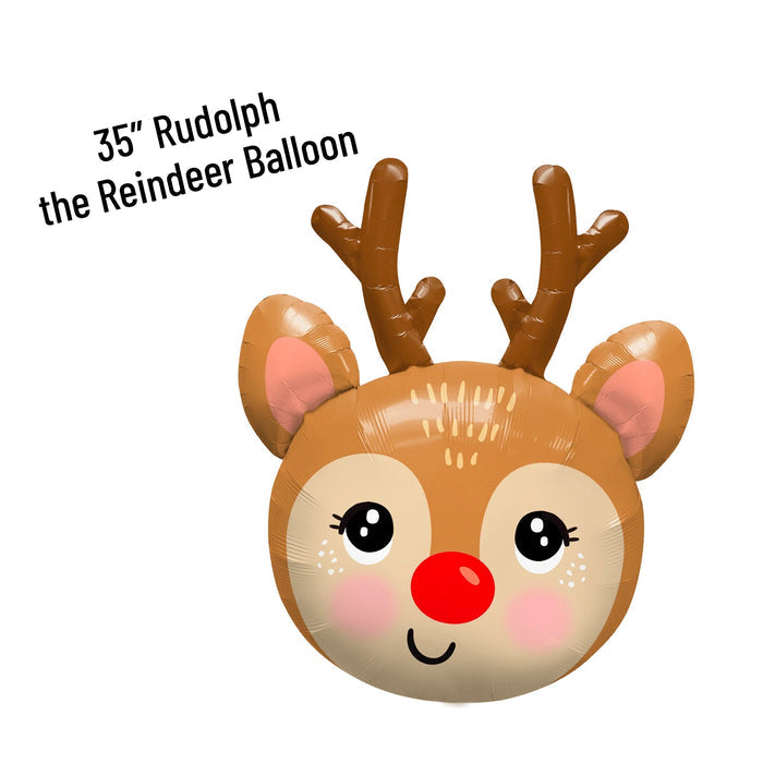 35" reindeer balloon with brown head, antlers, and large black eyes