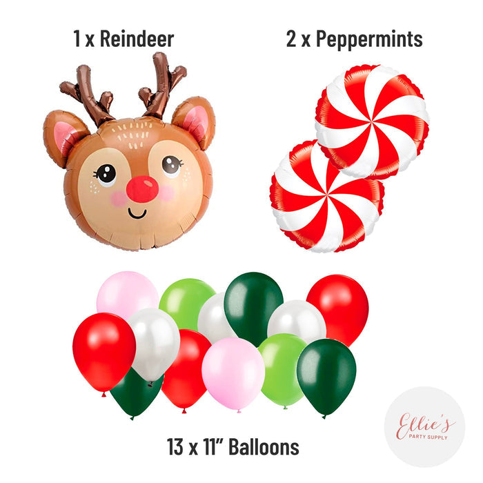 Reindeer balloon kit: 1 reindeer balloon, 2 peppermint balloons, and 13 balloons in assorted colors