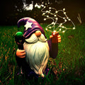 Purple gnome garden statue with glowing solar LED string lights, holding a red lantern