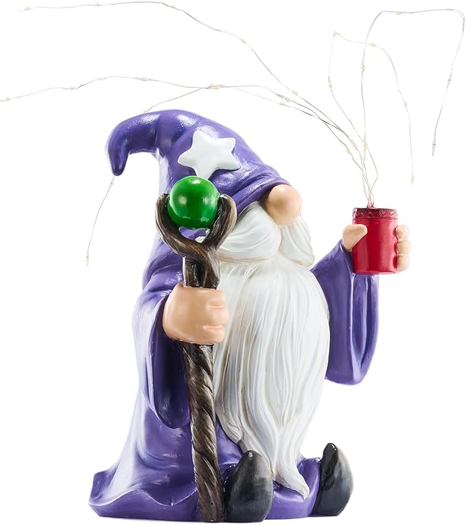 Purple gnome statue with glowing solar LED string lights, holding a red lantern