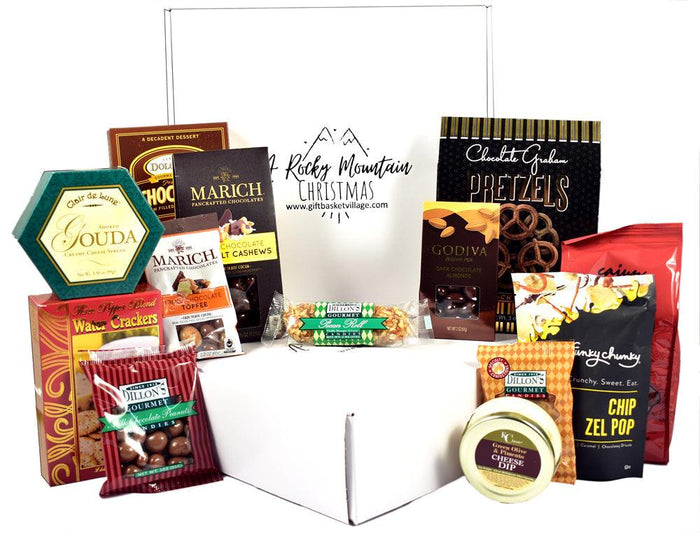 Holiday gift box with pretzels, chocolate, cookies, crackers, and snack bags
