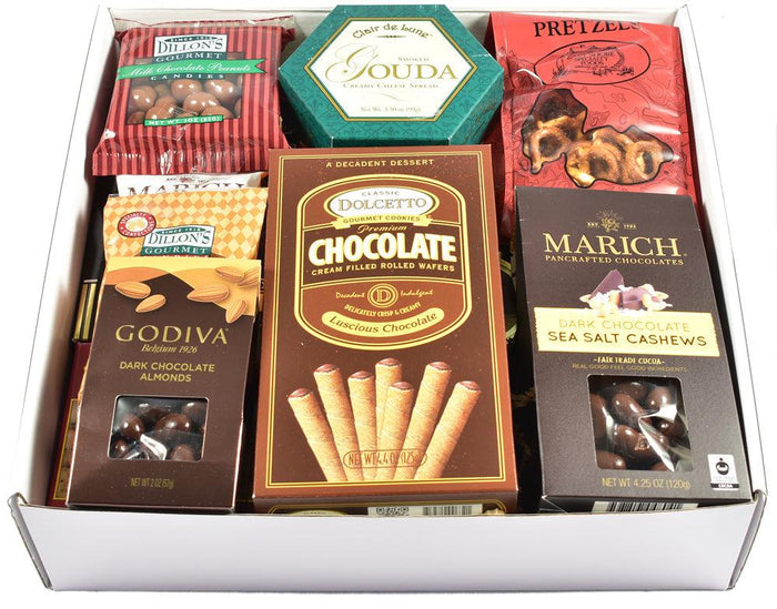 Holiday gift box with chocolates, pretzels, cheese snacks, and crackers