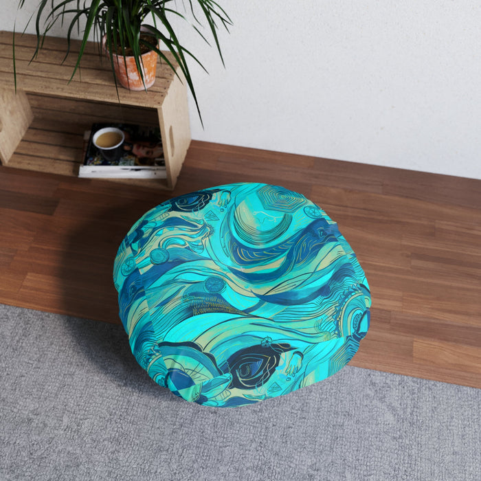 Round Ocean Waves Floor Pillow - Tufted Surrealist Ocean Art Cushion for Coastal Boho Home Decor, 26 and 30 Inch