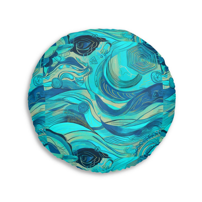 Round Ocean Waves Floor Pillow - Tufted Surrealist Ocean Art Cushion for Coastal Boho Home Decor, 26 and 30 Inch