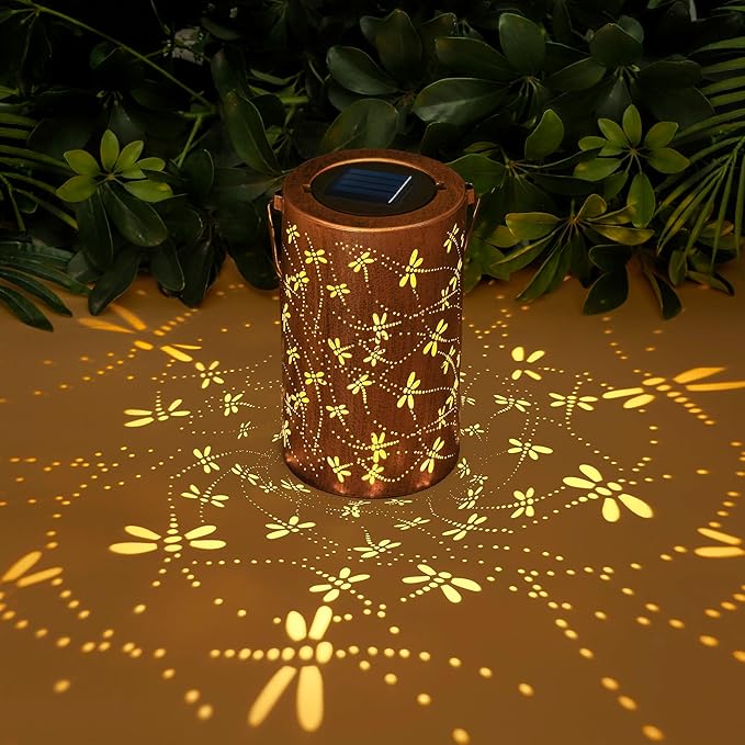 Brown solar lantern with white dragonfly and flower light patterns, warm glow top panel