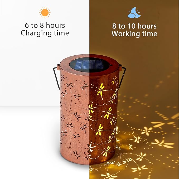 Brown solar lantern with dragonfly and floral pattern and built-in solar panel on top