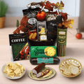Gift basket with fall-themed shredded filler and wrapped snacks, pretzels, coffee, chocolate