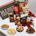 Large Christmas candy gift box with assorted chocolates and cookies, open and wrapped