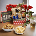 Festive gift box filled with assorted chocolates and candy, topped with red bows